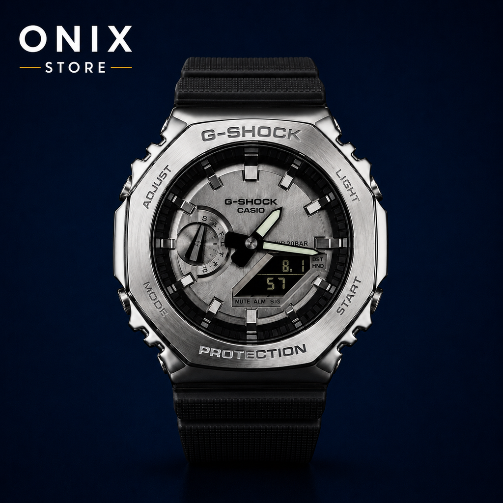 Casio G-Shock GM-2100-1A - CasiOak bisel metal plateado correa resina negra