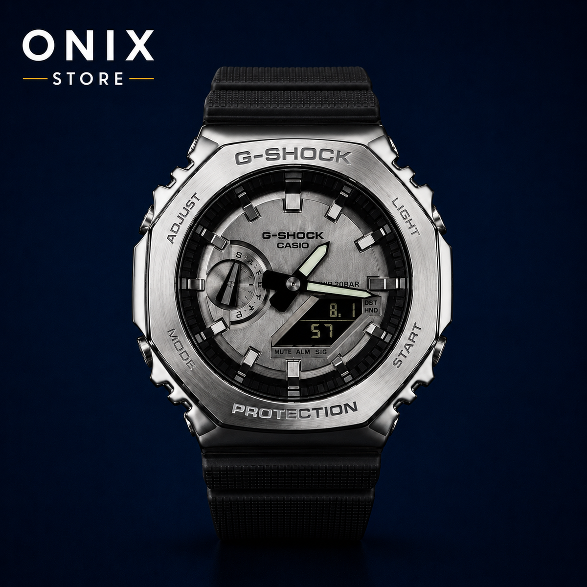 Casio G-Shock GM-2100-1A - CasiOak bisel metal plateado correa resina negra