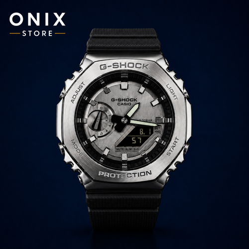 Casio G-Shock GM-2100-1A - CasiOak bisel metal plateado correa resina negra