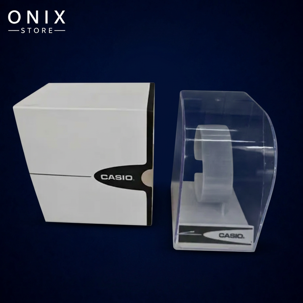Caja y estuche Casio con fondo azul marino y logo ONIX STORE blanco en la esquina superior izquierda